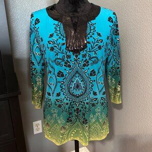 JM Collection Blouse Petite S‎ Blue Green Ombre Sequins 3/4 Sleeve Boho Chic
